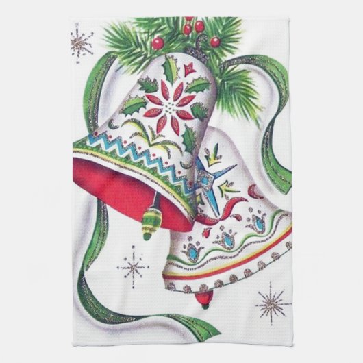 retro vintage kerstklokken keukenhanddoek (Verticaal)