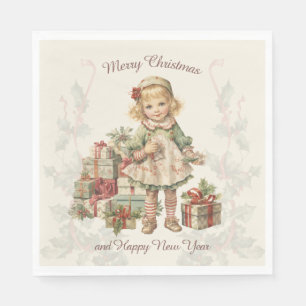 Retro Vintage Kerstmeisje Cadeaus Servet