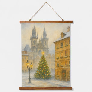 Retro Vintage Kerstmis in Praag – Oude Stad Hangend Wandkleed
