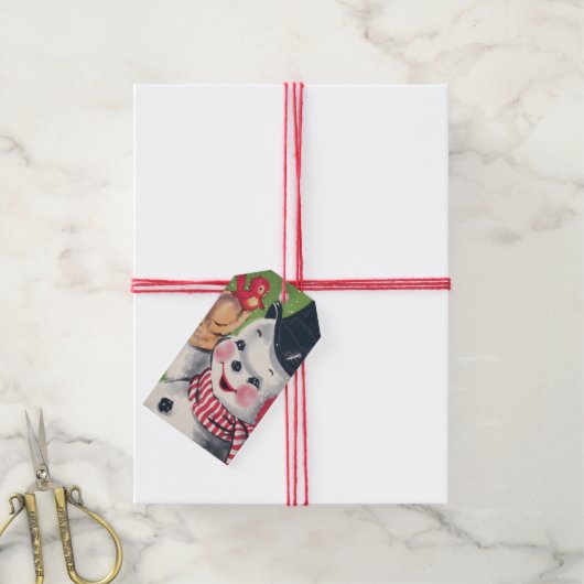 retro vintage kerstsnowman cadeaulabel (Met Touw)