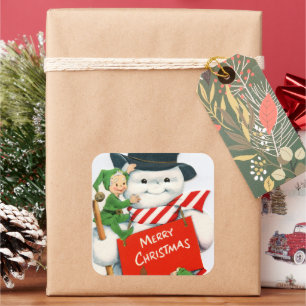 retro vintage kerstsnowman elf Holiday Vierkante Sticker