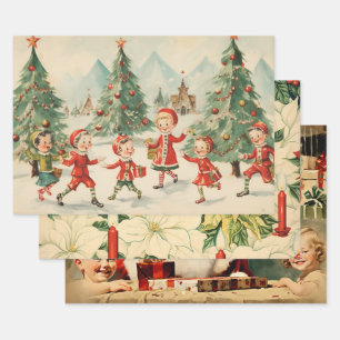 Retro Vintage Kersttrio Stijl H Inpakpapier Vel
