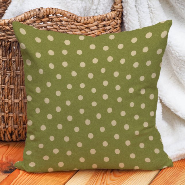 Retro Vintage Olijfgroen Beige Stippen Kussen (Retro, vintage olive green and beige polka dot decorator pillow)