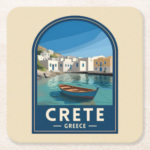 Retro Vintage Reis Kreta Griekenland Zeezijde Vierkante Kartonnen Onderzetter