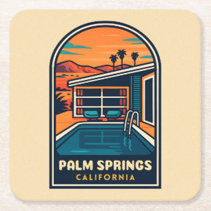Retro Vintage Reizen Palm Springs Californië Vierkante Kartonnen Onderzetter