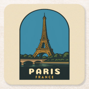 Retro Vintage Reizen Parijs Frankrijk Eiffeltoren Vierkante Kartonnen Onderzetter