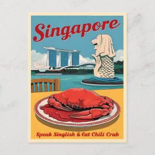 Retro Vintage Reizen Singapore Merlion Food Humor Briefkaart