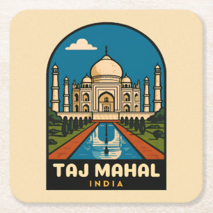 Retro Vintage Reizen Taj Mahal India Illustratie Vierkante Kartonnen Onderzetter