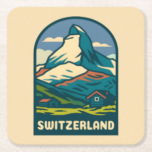 Retro Vintage Reizen Zwitserland Matterhorn Vierkante Kartonnen Onderzetter