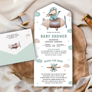 Retro Vintage Vliegtuig Schattige Piloot Baby Show All In One Uitnodiging