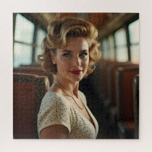 Retro vintage vrouw in trein legpuzzel