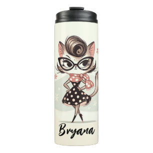 Retro Vintage Vrouwelijke Kitten Met Kat-Oog Bril Thermosbeker