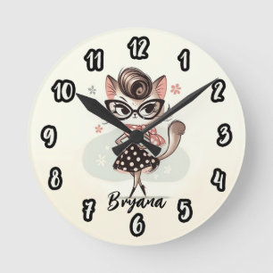 Retro Vintage Vrouwelijke Kitten Met Kattenbril Ronde Klok
