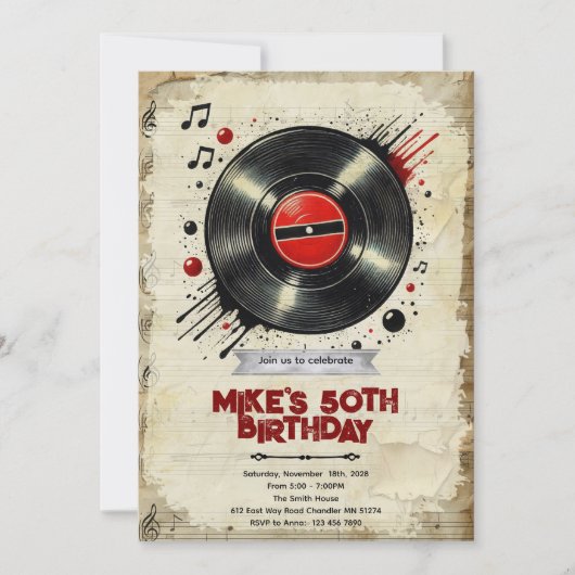 Retro vinyl birthday party invitation (Devant)
