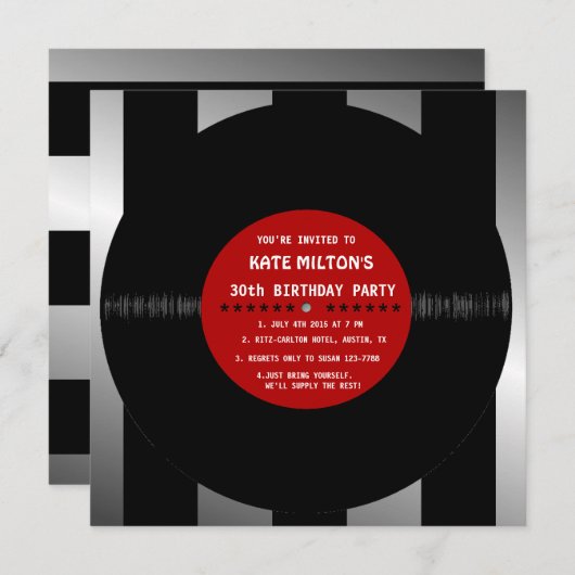 Retro Vinyl Record l Invitations de fête d'anniver (Devant / Derrière)