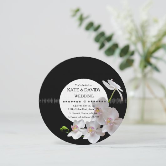 Retro Vinyl Record Orchids Modern Wedding Invites Kaart (Staand voorkant)