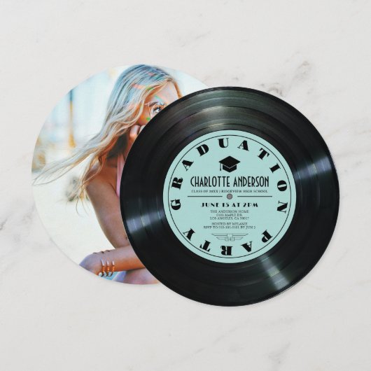 Retro Vinyl Record Turquoise Foto Afstuderen Kaart (Voorkant / Achterkant)