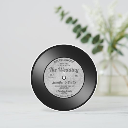 Retro Vinyl Record Weddenschap Opslaan Datum Kaart (Staand voorkant)
