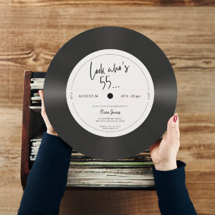 Retro vinylplaat kijk wie 55 is, 55ste verjaardag  kaart