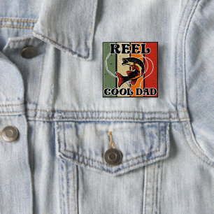 Retro Vist Reel Cool Dad Vissen Lover Vierkante Button 5,1 Cm