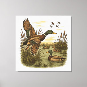 Retro vliegende wilde eend jagen canvas afdruk