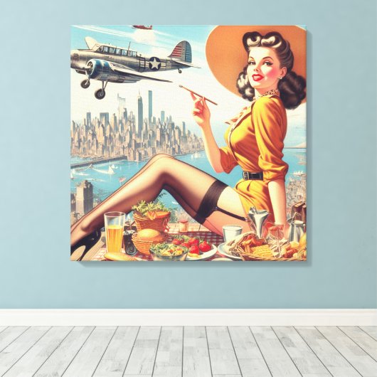 Retro Vliegtuig Pin-up Illustratie Canvas Afdruk (Insitu (Houten vloer))