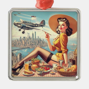 Retro Vliegtuig Pin-up Illustratie Metalen Ornament