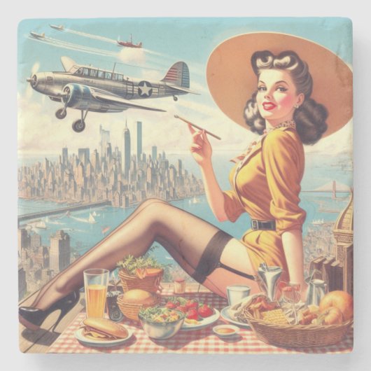 Retro Vliegtuig Pin-up Illustratie Stenen Onderzetter (Voorkant)