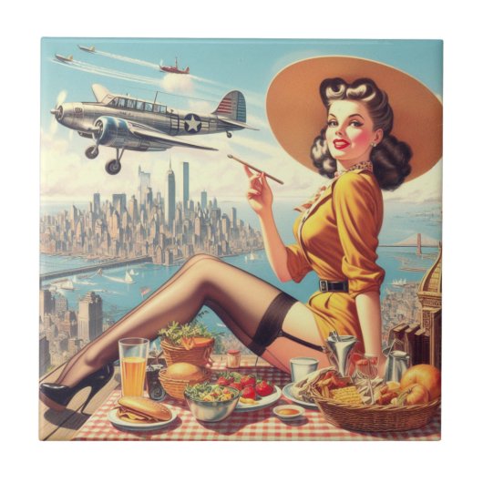 Retro Vliegtuig Pin-up Illustratie Tegeltje (Voorkant)