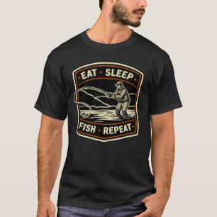 Retro vliegvissen ontwerp eten slapen vissen herha t-shirt
