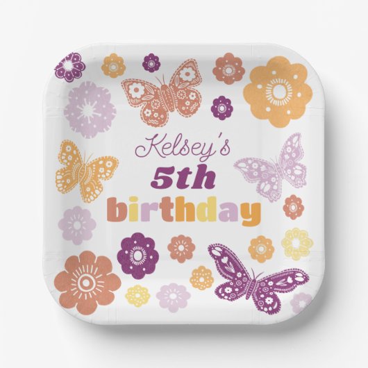 Retro vlinder verjaardagsfeestje papieren bordje (Voorkant)