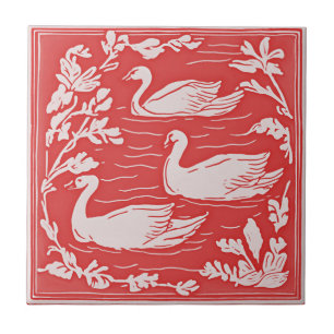 Retro Vogels Vintage Art Nouveau Zwannen Rood Art  Tegeltje