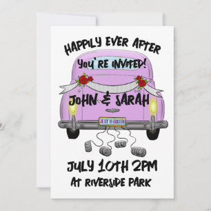 RÉTRO VOITURE ROSE JUSTE MARIÉ INVITATIONS MARIÉES