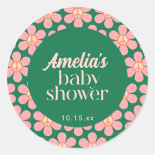 Retro Vredesteken Bloem Groen Roze Baby Shower  Ronde Sticker