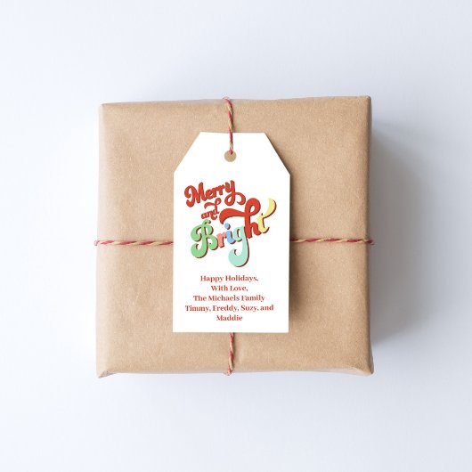 Retro vrolijk en helder kerstpakket cadeaulabel