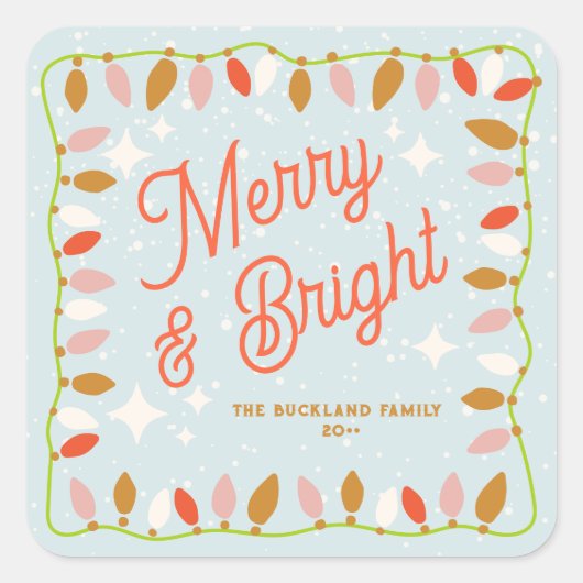 Retro vrolijk en heldere kerstverlichting vierkante sticker (Voorkant)