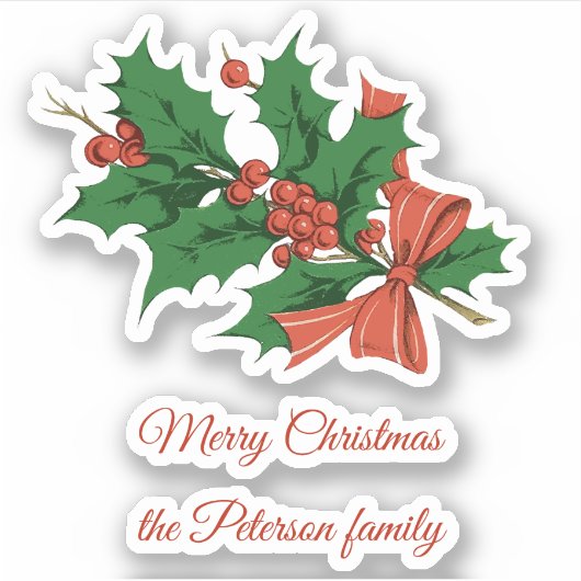 Retro  Vrolijk Kerstfeest Holly Bow Naam Sticker (Voorkant)