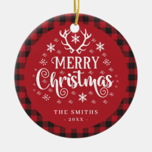 Retro Vrolijk Kerstfeest Rood en Wit Custom Keramisch Ornament