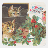 Retro Vrolijk Kerstfeest Schattigee Katten Vogel Vierkante Sticker (Voorkant)