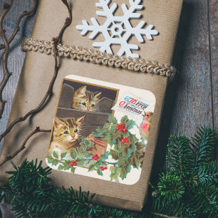 Retro Vrolijk Kerstfeest Schattigee Katten Vogel Vierkante Sticker