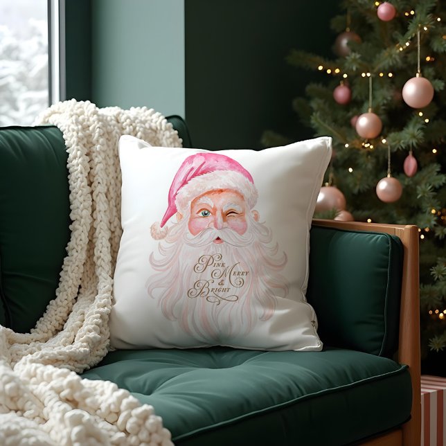 Retro  Vrolijk & Roze Waterverf Sinterklaas Kussen (Retro Vintage Merry & Pink Watercolor Santa Claus Throw Pillow (Front))
