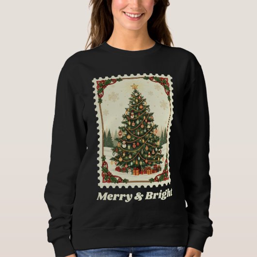 Retro vrolijke en heldere kerstboom-postzegel trui (Voorkant)