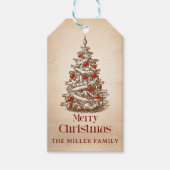retro vrolijke kerstboom gunst cadeaulabel (Voorkant)