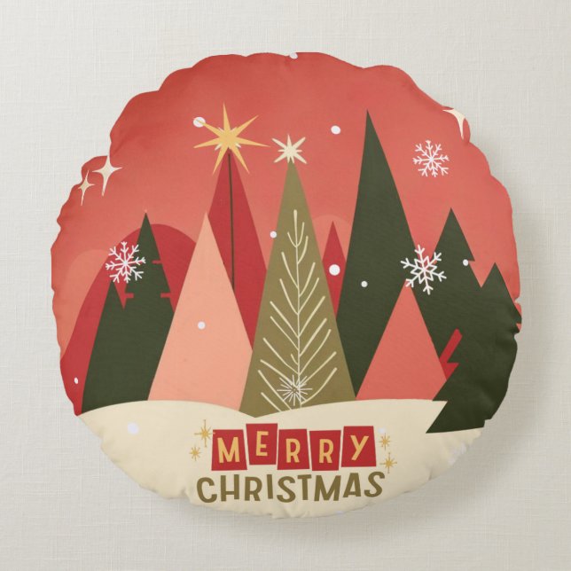 Retro/ Vrolijke Kerstboom Rond Kussen (Voorkant)