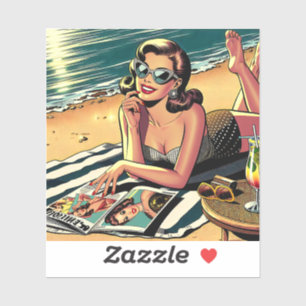 Retro vrouw aan het strand leest een modeblad sticker