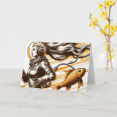 Retro vrouw astronaut en vis Alle Gelegenheid Kaart (Gele Bloem)