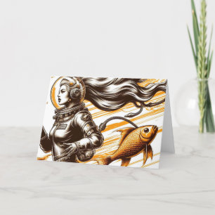Retro vrouw astronaut en vis Alle Gelegenheid Kaart