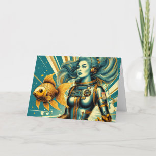 Retro vrouw astronaut en vis Alle Gelegenheid Kaart