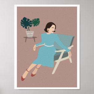 Retro Vrouw Blauwe Jurk Stoel Monstera Kunst Poster