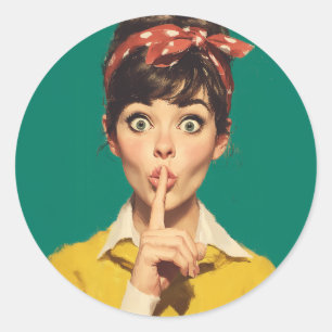 Retro Vrouw die Stilte vraagt Ronde Sticker